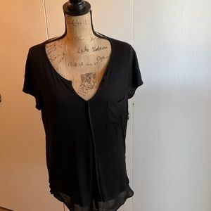 Anthropologie Bordeaux Black V-neck Top split chiffon trim short sleeve T shirt